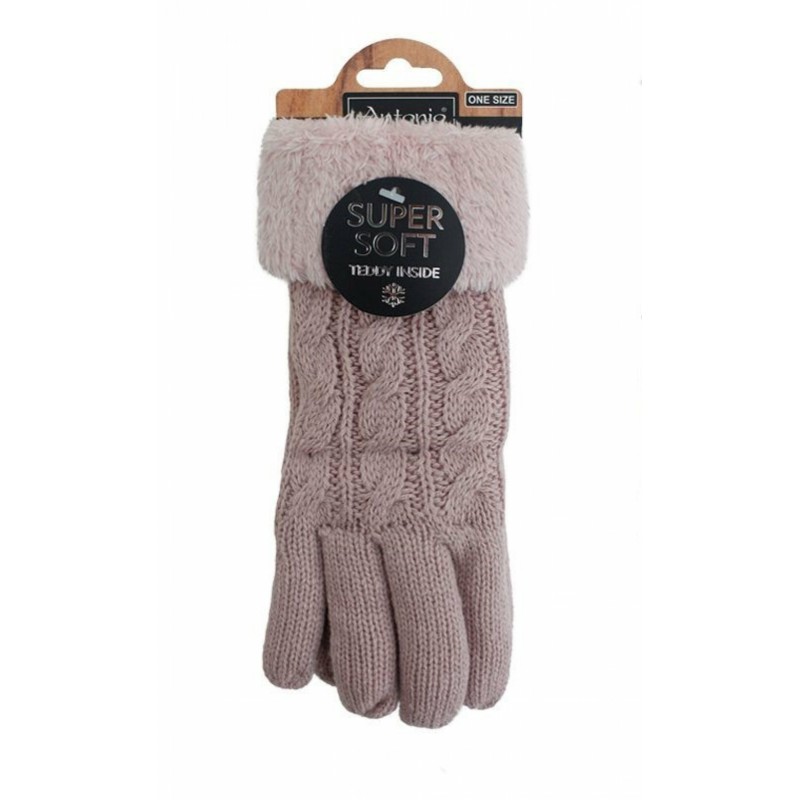 Gefütterte Strickhandschuhe | Teddy Winterhandschuhe mit Strickmuster | Super Soft mit Strickoptik [Rosa]