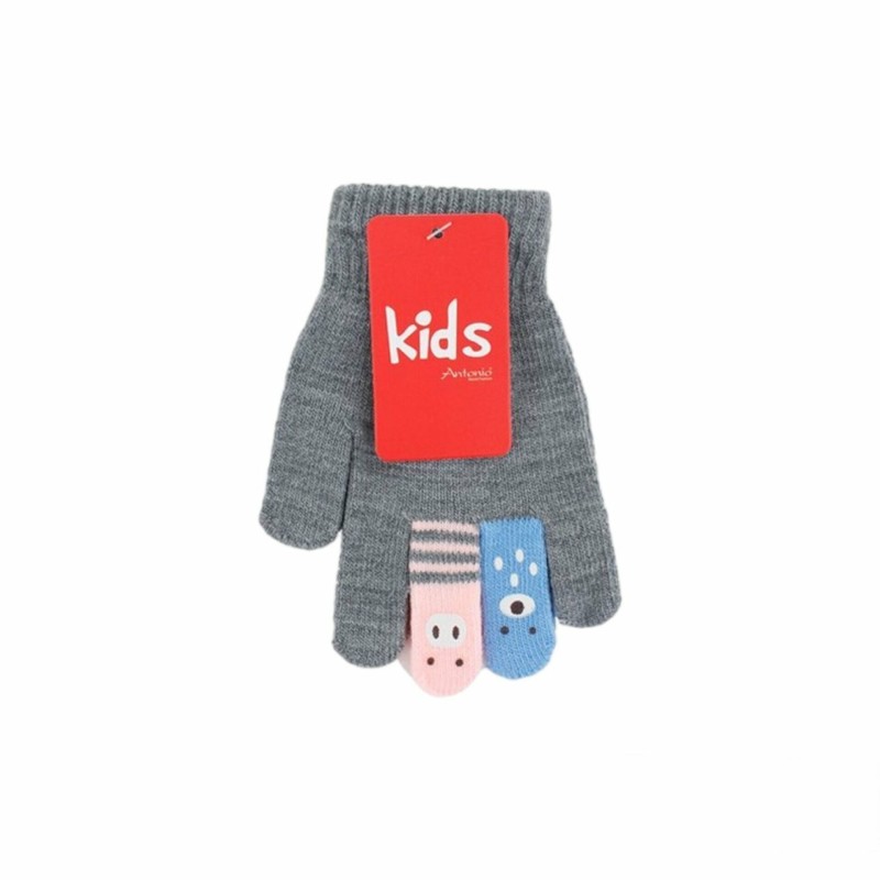 Winter Kinder Handschuhe mit Tier Fingern | Fingerhandschuhe mit bunten Tiergesichtern [Grau]