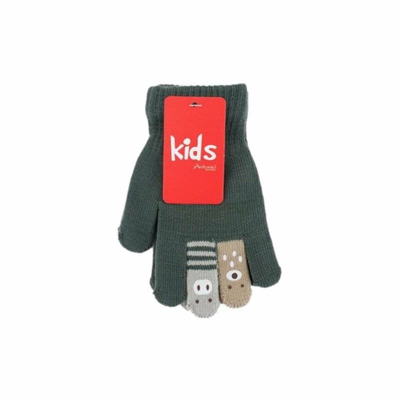 Winter Kinder Handschuhe mit Tier Fingern | Fingerhandschuhe mit bunten Tiergesichtern [Olivgrün]